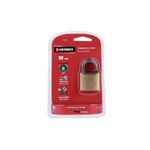 Candado bronce pulido Hermex de 30 mm, presentado en su empaque blister rojo con el producto y llaves visibles