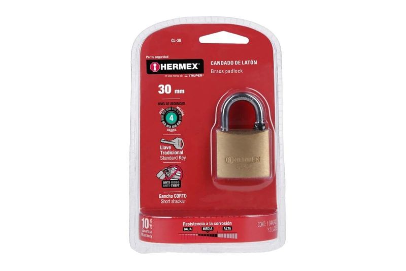 Candado bronce pulido Hermex de 30 mm, presentado en su empaque blister rojo con el producto y llaves visibles