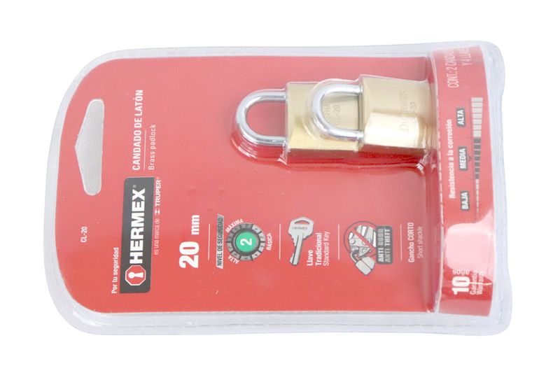 Candado bronce 2 piezas Hermex de 20 mm, empaque blister rojo con el producto y su llave