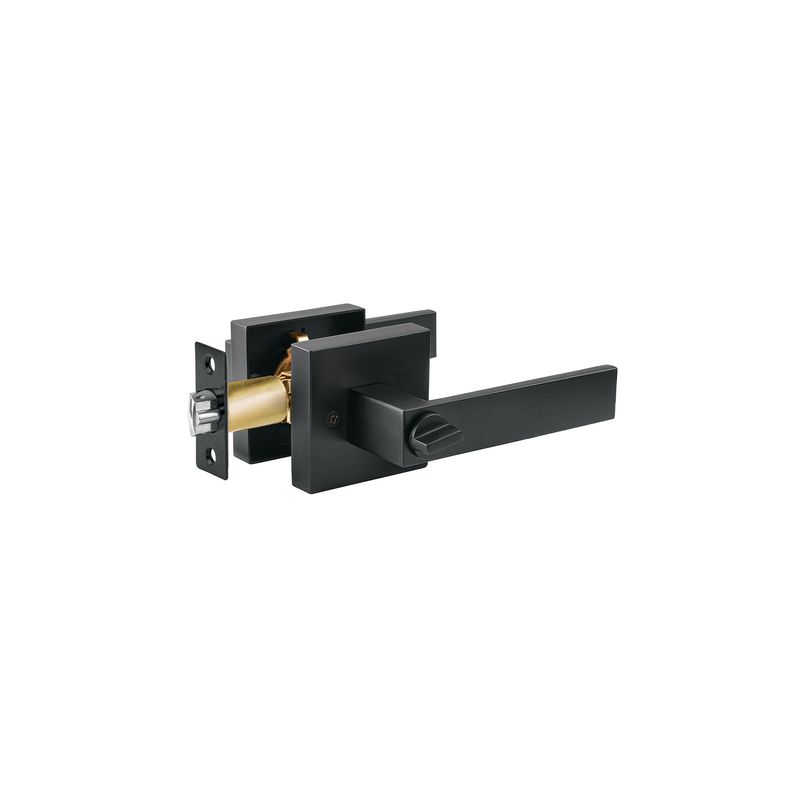 Cerradura manecilla negro mate Módena baño Hermex, vista lateral del mecanismo tubular y manija rectangular