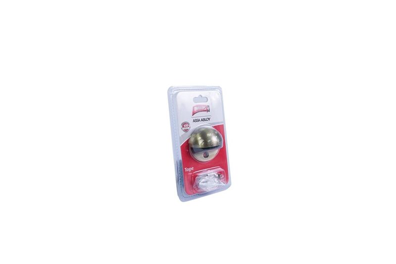 Tope puerta de piso media luna Phillips bronce antiguo, producto en su empaque plástico con base roja y blanca