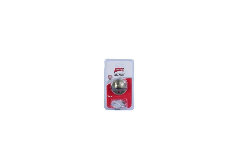 Tope puerta de piso media luna Phillips bronce antiguo, producto en su empaque blister con tornillos y tacos incluidos