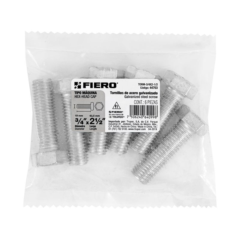 Perno hexagonal 3/4" x 2-1/2" 6 piezas Fiero, set de tornillos galvanizados dentro de su empaque plástico transparente