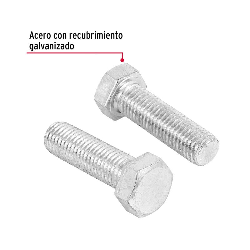 Perno hexagonal 3/4" x 2-1/2" 6 piezas Fiero, dos unidades plateadas con texto señalando el recubrimiento galvanizado