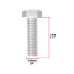 Perno hexagonal 3/4" x 2-1/2" 6 piezas Fiero, gráfico con líneas rojas que indican el diámetro y el largo del perno