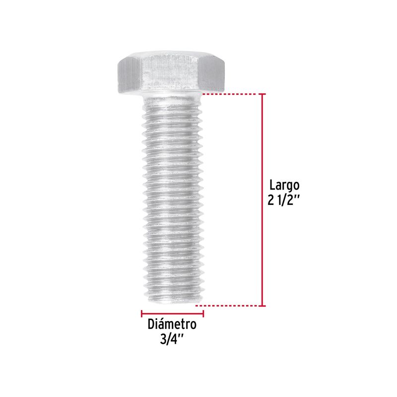 Perno hexagonal 3/4" x 2-1/2" 6 piezas Fiero, gráfico con líneas rojas que indican el diámetro y el largo del perno