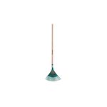 Rastrillo metálico curva 18 dientes mango de madera Imacasa, vista frontal con cabeza verde y mango de madera claro