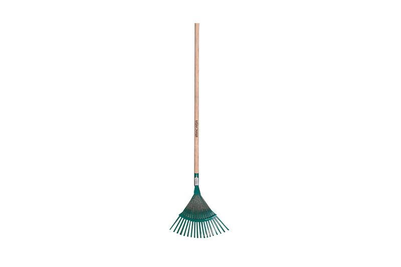 Rastrillo metálico curva 18 dientes mango de madera Imacasa, vista frontal con cabeza verde y mango de madera claro