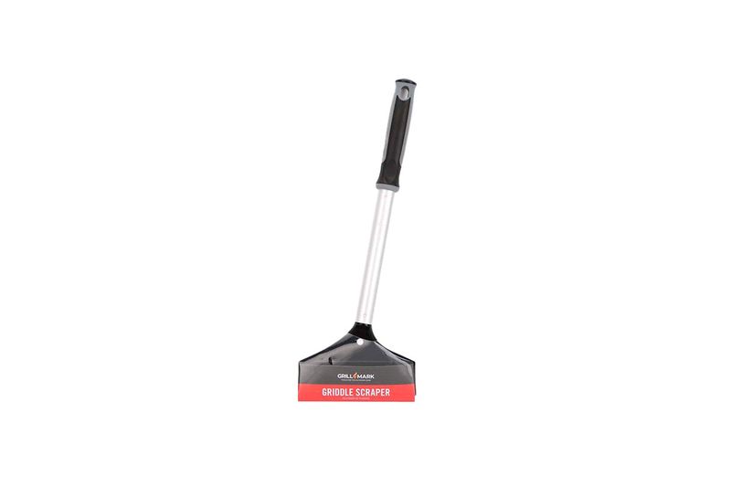 Raspador para BBQ Grill Mark, vista frontal completa con mango negro y base roja con texto blanco