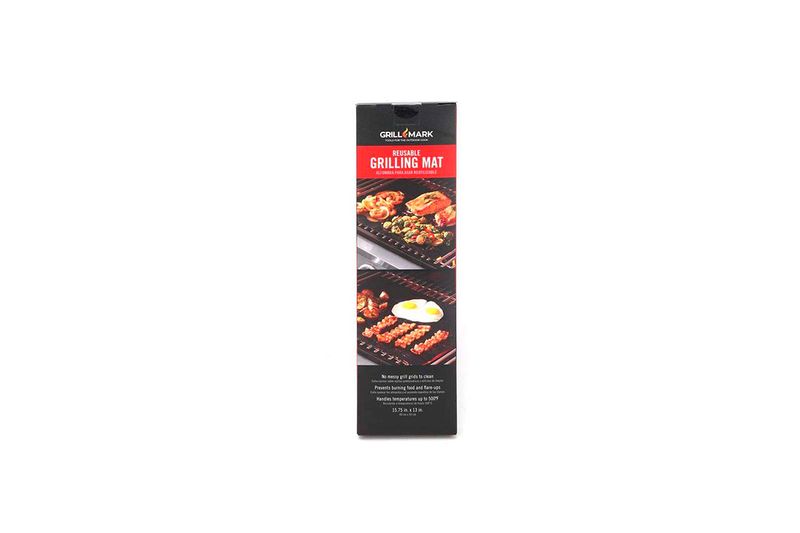 Tapete de cocción para parrilla 15.75 x 13 pulgadas Grill Mark, empaque vertical con fotos de alimentos cocinando
