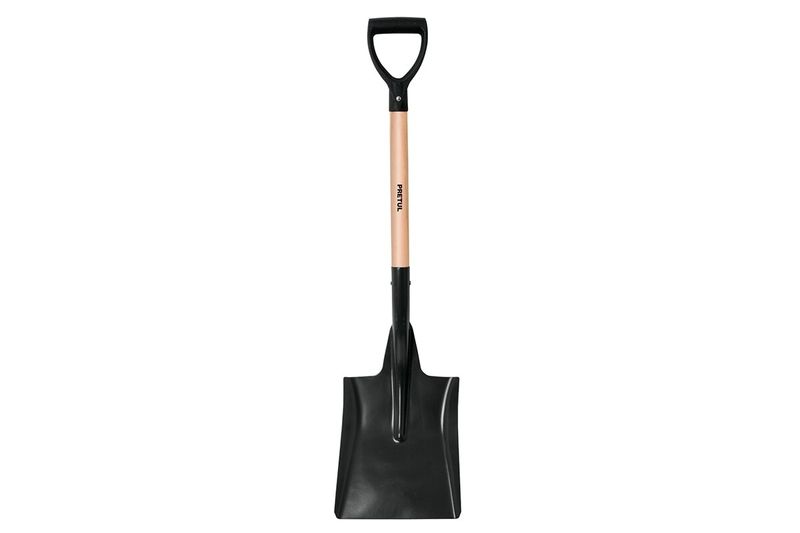 Pala cuadrada de 28 pulgadas Pretul mango corto, vista frontal completa con hoja negra y mango de madera