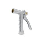 Pistola para manguera de metal 2 funciones Truper, vista lateral del cuerpo metálico plateado con gatillo y boquilla