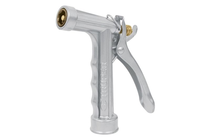 Pistola para manguera de metal 2 funciones Truper, vista lateral del cuerpo metálico plateado con gatillo y boquilla