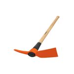 Piocha con mango de madera/polipropileno Truper de 5 lbs, vista lateral de la cabeza naranja y mango de madera