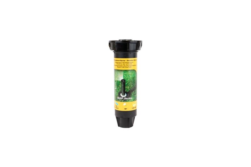 Aspersor para jardín pop up serie 1800 Rain Bird de 4 pulgadas y 90 grados profesional, en su empaque cilíndrico negro