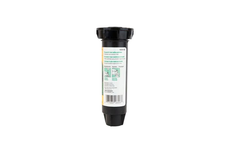 Aspersor para jardín Pop Up serie 1800 Rain Bird de 4 pulgadas y 90 grados profesional, vista lateral de la etiqueta