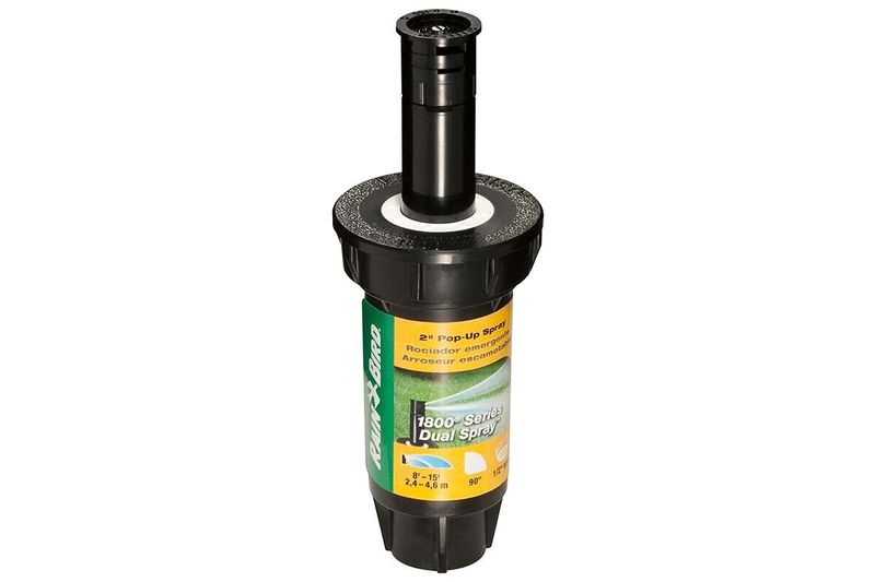 Aspersor para jardín pop up serie 1800 Rain Bird de 2 pulgadas y 90 grados profesional, vista frontal del equipo negro
