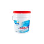 Cloro granulado para piscina Clorizide Spin de 20 kg, envase tipo cubeta blanca con tapa roja y asa metálica