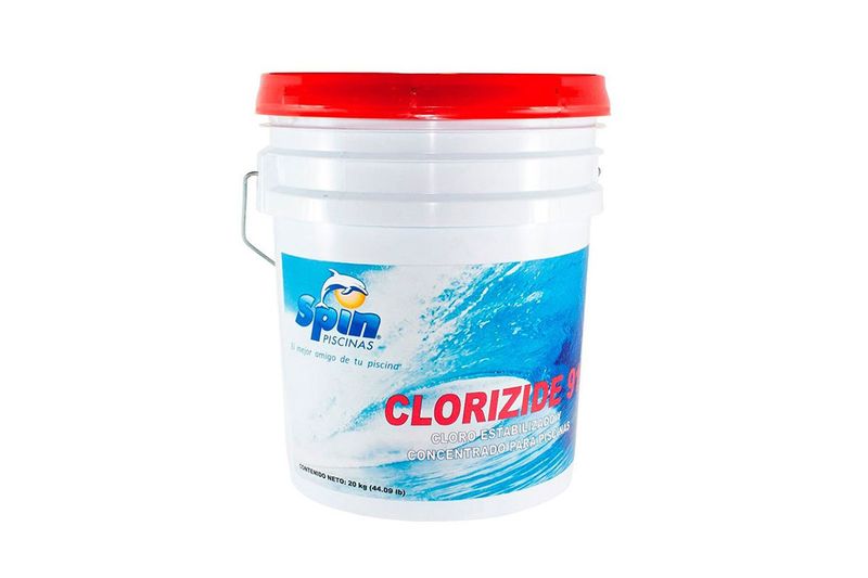 Cloro granulado para piscina Clorizide Spin de 20 kg, envase tipo cubeta blanca con tapa roja y asa metálica