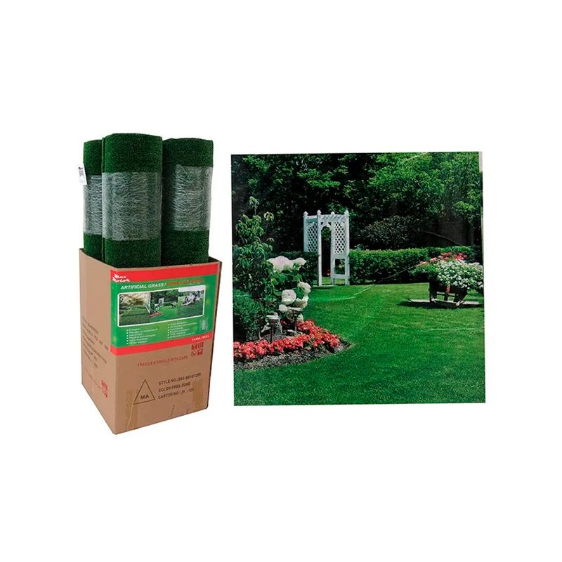 Grama artificial verde 1x4 m 7 mm Sinsa, rollos dentro de caja de cartón junto a imagen de uso en jardín