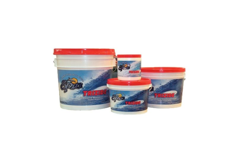 Químico para piscina Trizide tableta 65% Spin de 4.4 kg, tres presentaciones de cubetas blancas con tapas rojas