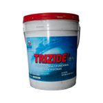 Químico para piscina Trizide tableta 65% Spin de 11 kg, envase tipo cubeta blanca con tapa roja y etiqueta azul