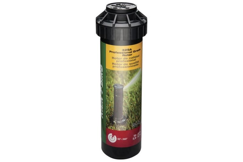 Aspersor para jardín rotor pop up Rain Bird de 19 a 32 pies de alcance y 180 grados ajustable, en su empaque cilíndrico