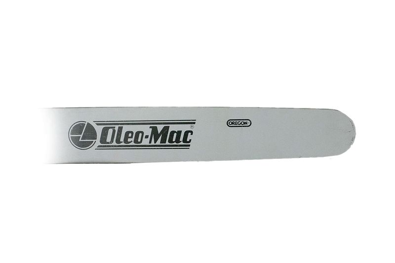 Barra para motosierra 30" mod. GS-720 Oleo-Mac, primer plano del cuerpo metálico con logotipos de marca y Oregon