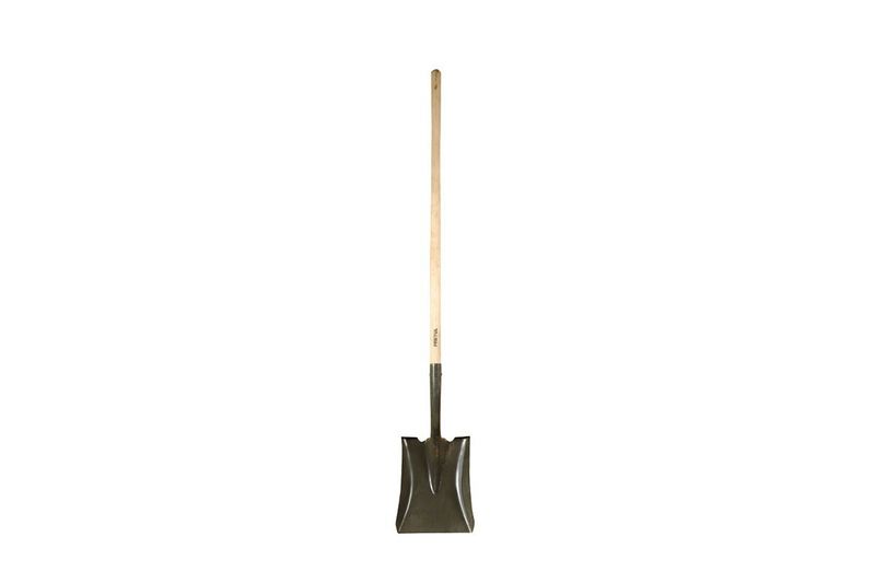 Pala cuadrada mango largo Pretul, vista frontal completa con hoja metálica oscura y mango de madera