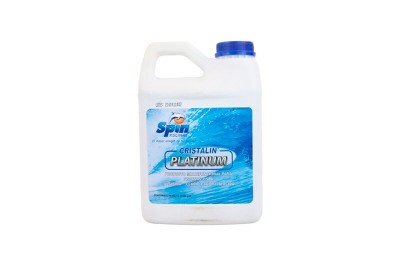 Clarificador de agua Cristalin Platinum 1 lts Spin, envase plástico blanco con tapa azul y etiqueta frontal