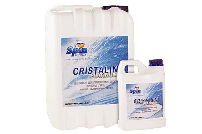 Clarificador de agua Cristalim Platinum 10 lts Spin, bidones blancos de tamaño grande y pequeño con etiqueta azul