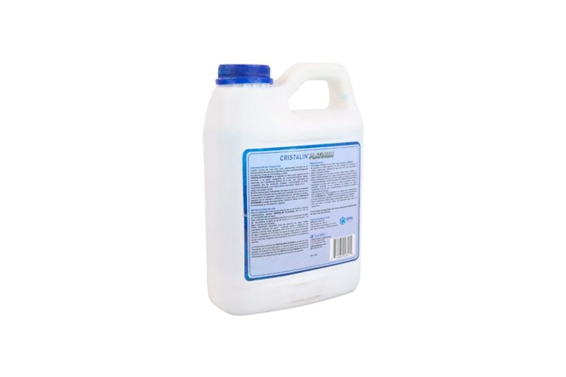 Clarificador de agua Cristalin Platinum 1 litro Spin, vista posterior del envase blanco con etiqueta de instrucciones