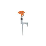 Aspersor impulso estaca Truper metal una vía 360 grados, vista lateral del equipo metálico con cabezal naranja