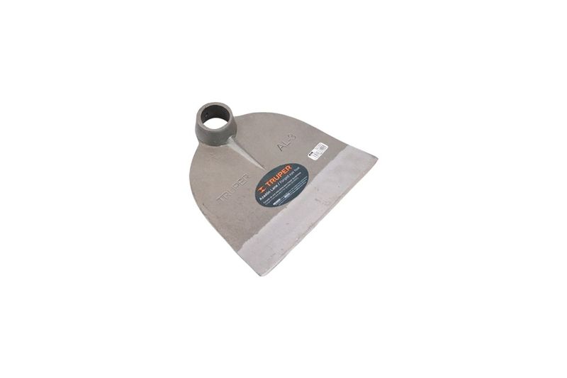 Azadón forjado sin mango Truper de 1.8 lbs, vista superior de la hoja metálica con etiqueta naranja y negra