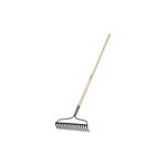 Rastrillo de metal con mango Truper de 16 dientes, vista lateral completa con mango de madera y cabeza negra