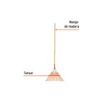Escobillón de metal mango madera Truper de 22 dientes refuerzo varilla, gráfico con etiquetas del mango y el tensor