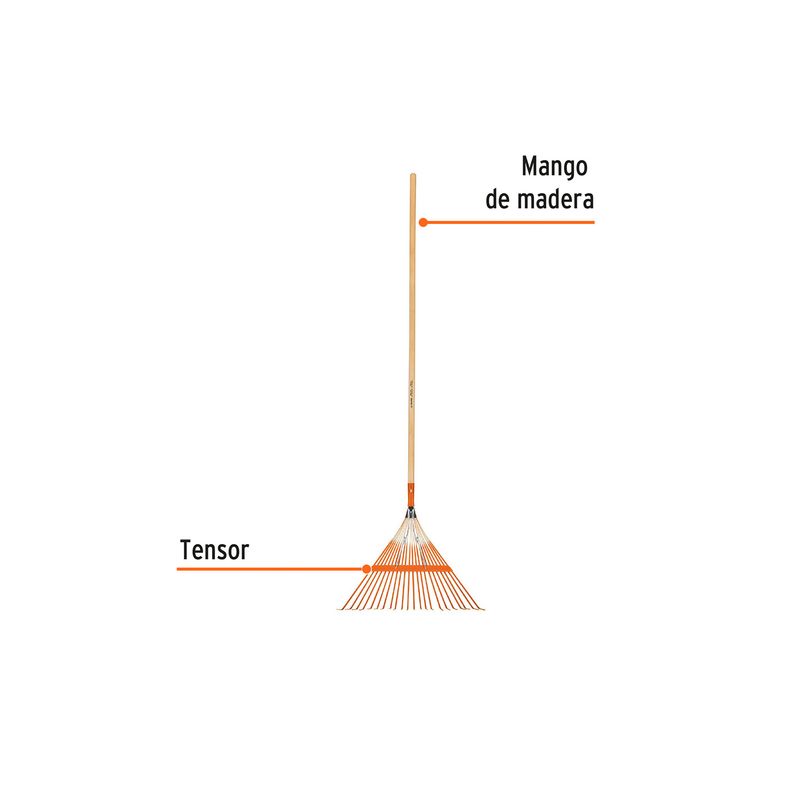 Escobillón de metal mango madera Truper de 22 dientes refuerzo varilla, gráfico con etiquetas del mango y el tensor