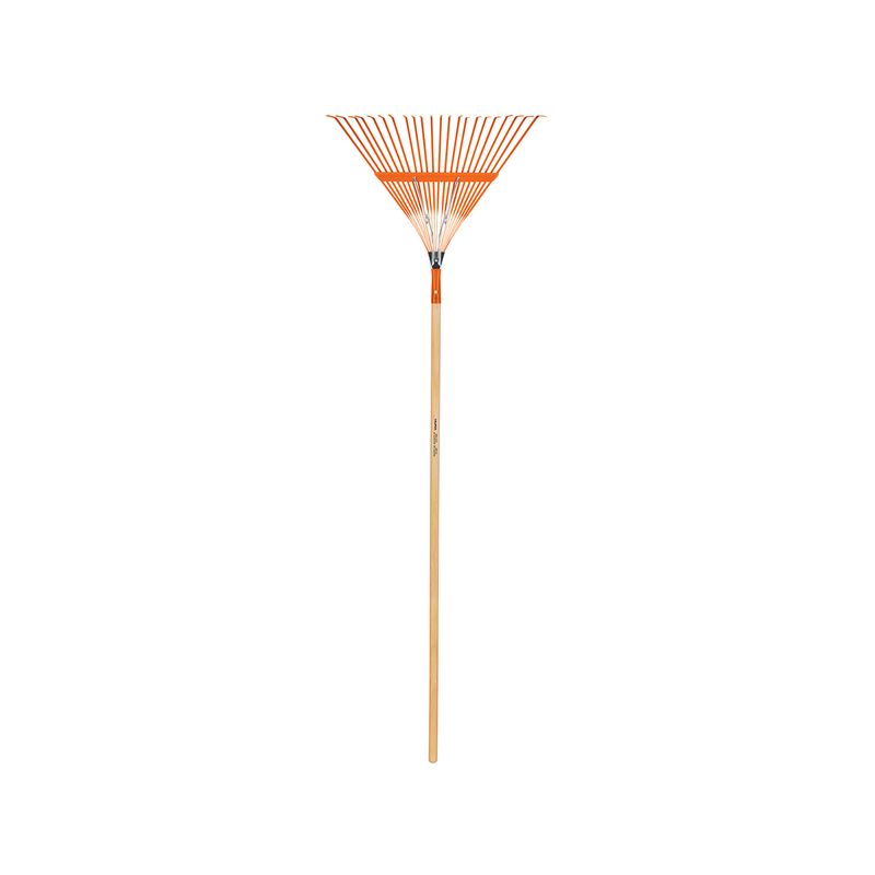 Escobillón de metal mango madera Truper de 22 dientes refuerzo varilla, vista frontal completa con cabeza naranja