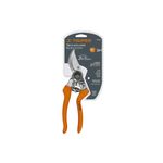 Tijera para podar de paso Truper de 8 pulgadas curva aluminio, presentada en su empaque con mango color naranja