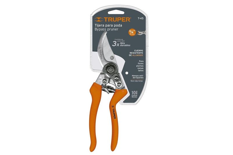 Tijera para podar de paso Truper de 8 pulgadas curva aluminio, presentada en su empaque con mango color naranja