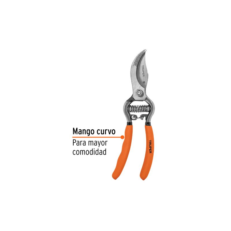 Tijera para podar de paso Truper de 8 pulgadas forjada en acero, vista frontal con mangos naranjas y texto descriptivo