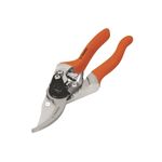 Tijera para podar de paso Truper de 8 pulgadas curva aluminio, vista lateral con mangos naranjas y cuchilla curva