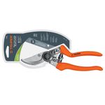 Tijera para podar de paso Truper de 8 pulgadas curva aluminio, en su empaque blanco con detalles naranjas y verdes