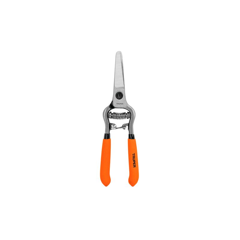 Tijera para podar de paso Truper de 6 pulgadas forjada en acero, vista frontal con mangos color naranja