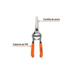 Tijera para podar de paso Truper de 6 pulgadas forjada acero, vista frontal con etiquetas de cuchilla y cubierta de PVC