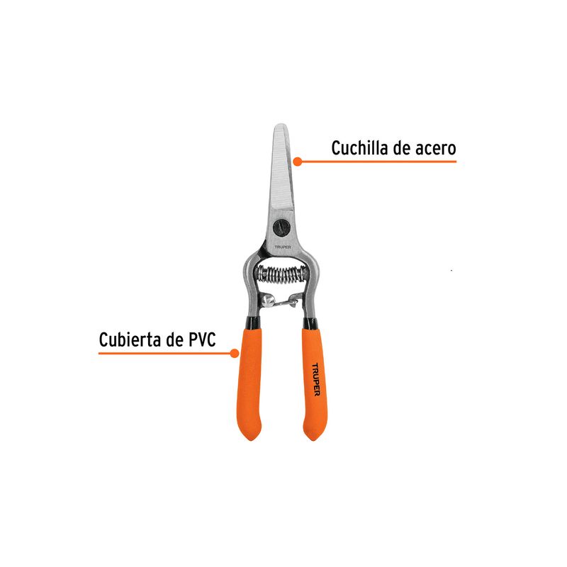Tijera para podar de paso Truper de 6 pulgadas forjada acero, vista frontal con etiquetas de cuchilla y cubierta de PVC