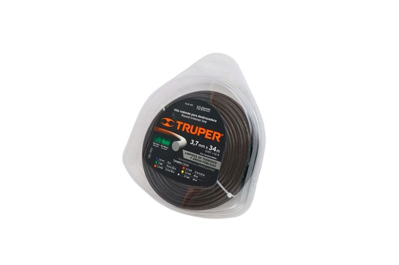 Hilo para desbrozadora Truper de 3.3 mm x 47 m negro, enrollado dentro de su empaque plástico transparente
