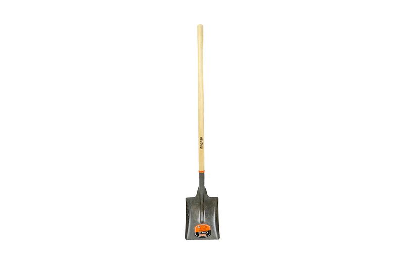 Pala cuadrada clásica Imacasa mango largo, vista frontal completa con hoja metálica oscura y mango de madera