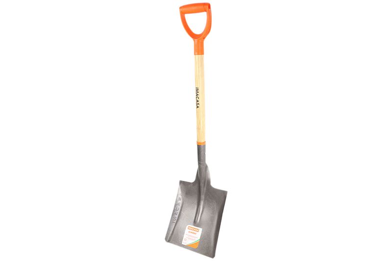 Pala cuadrada clásica Imacasa mango corto, vista frontal completa con mango naranja y hoja metálica gris