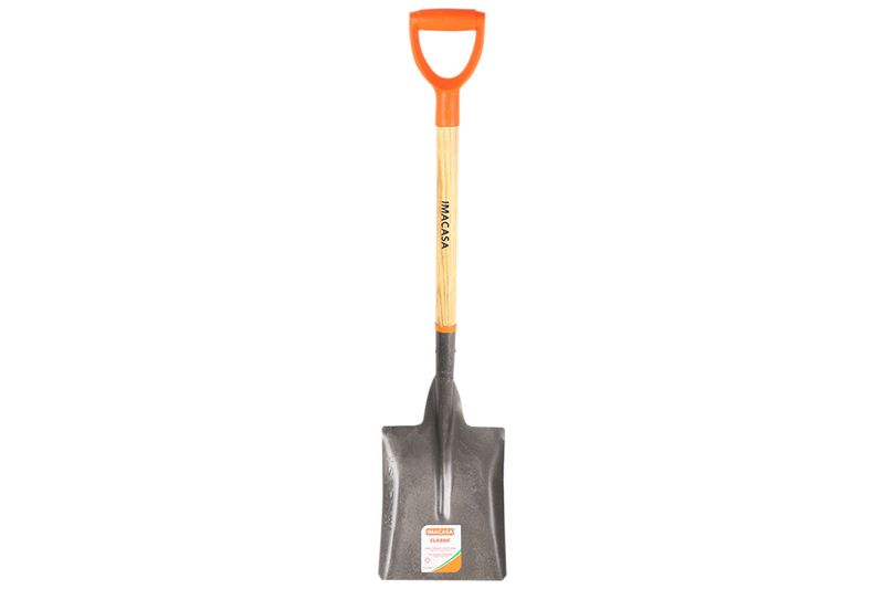 Pala cuadrada clásica Imacasa mango corto, vista frontal con hoja metálica y mango de madera con empuñadura naranja